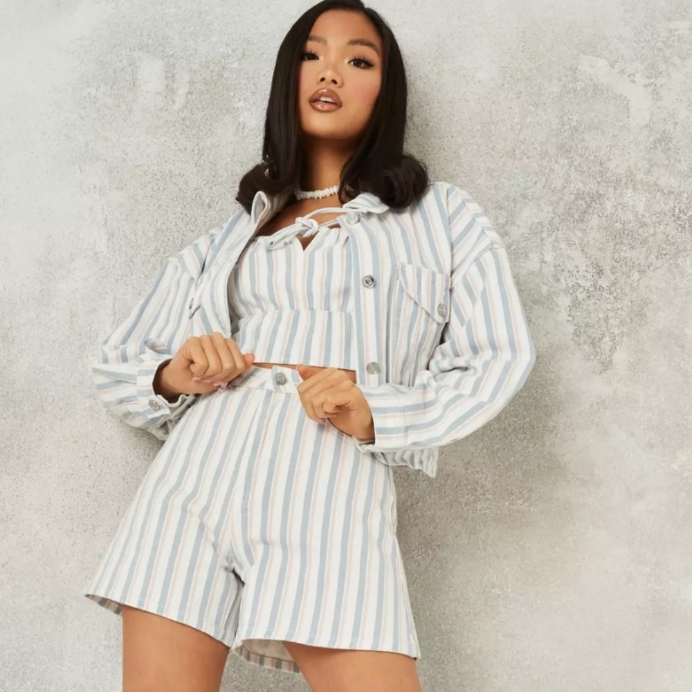 Blue Co Ord Stripe Denim Shorts